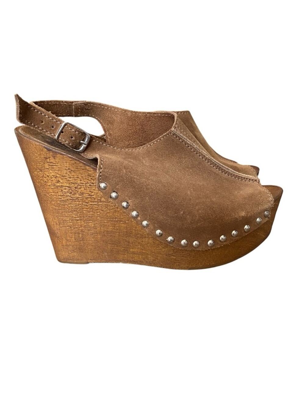 Charles David Brown Leather Suede Silver Studded Wood Platform Heel Clogs size 9